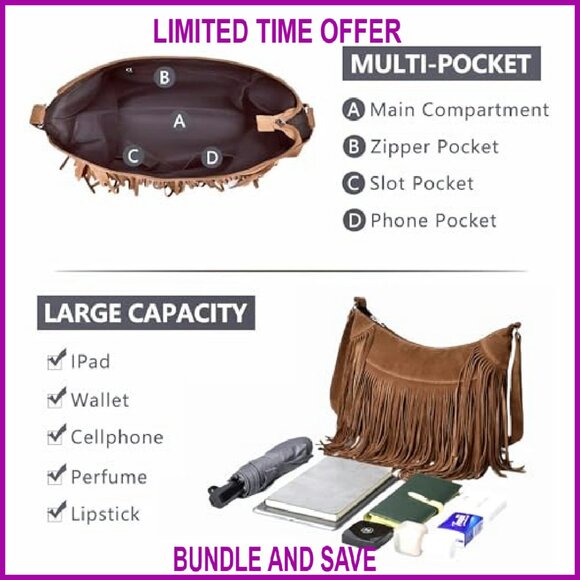 Vintage Vegan Suede Hobo Crossbody Bag with Fringe Tassels, Multi-Pocket - Picture 3 of 8